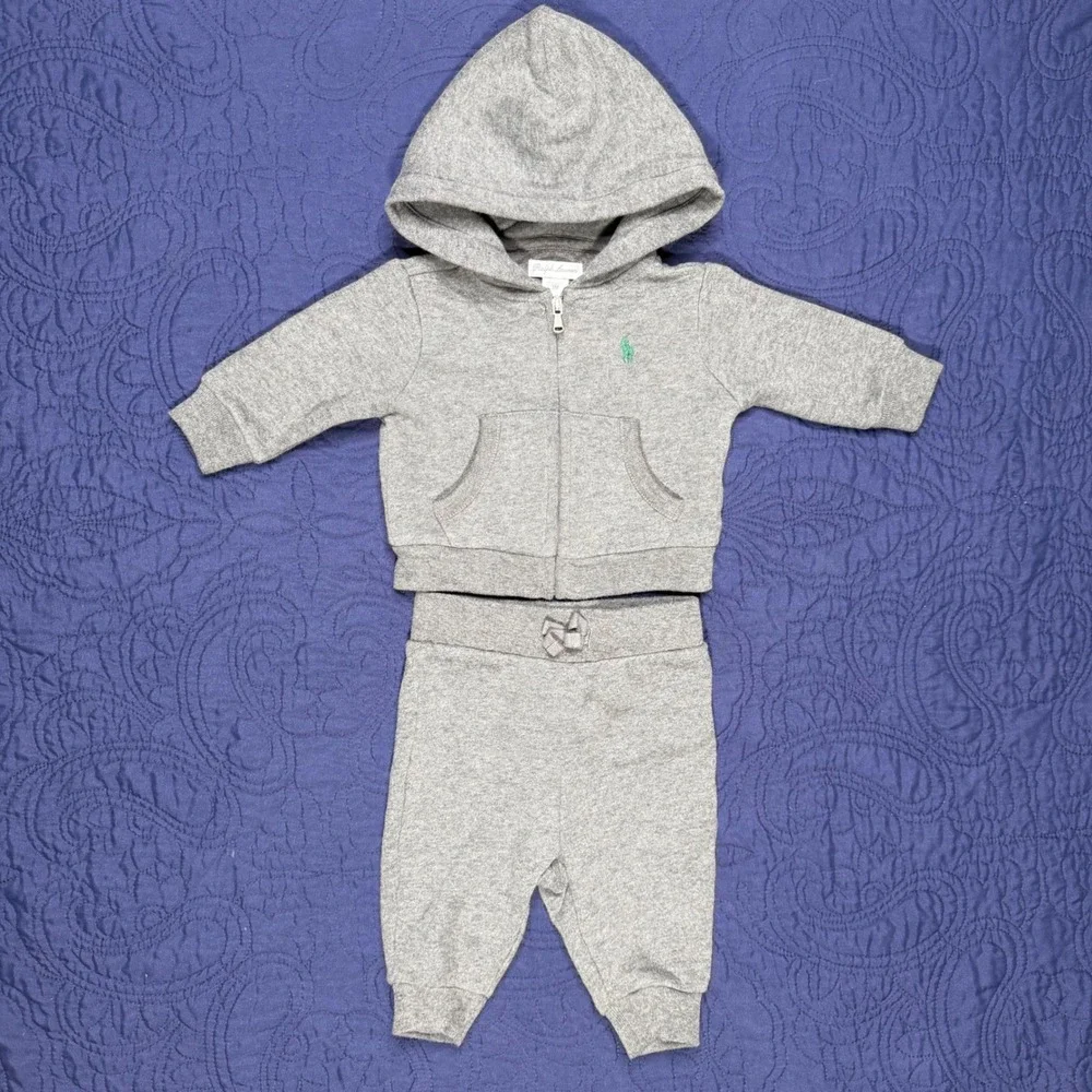 Ralph Lauren Baby Boys Gray Fleece Hoodie and Joggers Tracksuit Set 3M